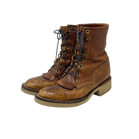 Women's Vintage Justin Roper Tekno Crepe Boots - Lace Up Brown Leather - Size 7 - Picture 1 of 8
